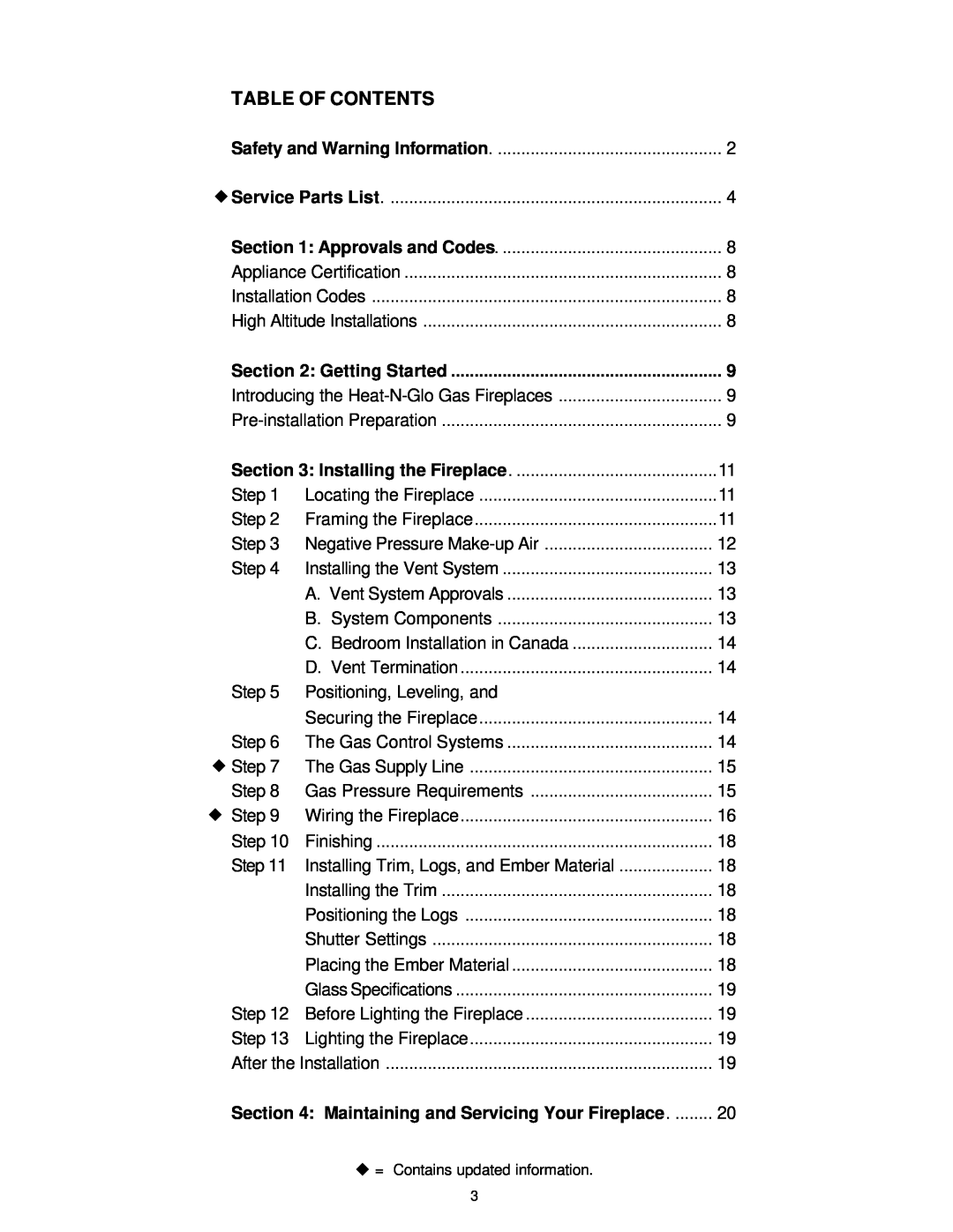 Heat & Glo LifeStyle 8000TVD manual Table Of Contents 