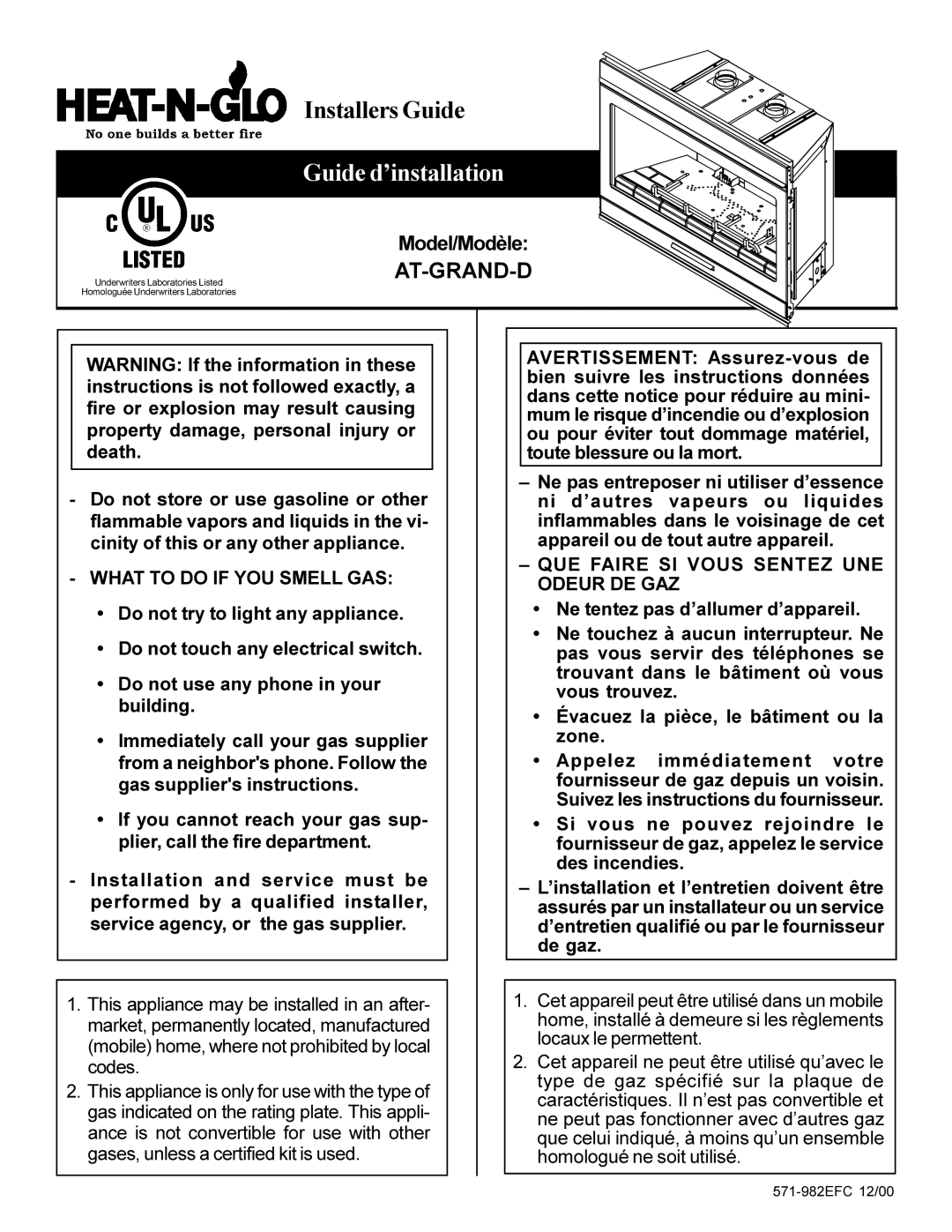 Heat & Glo LifeStyle AT-GRAND-D manual Guide d’installation 