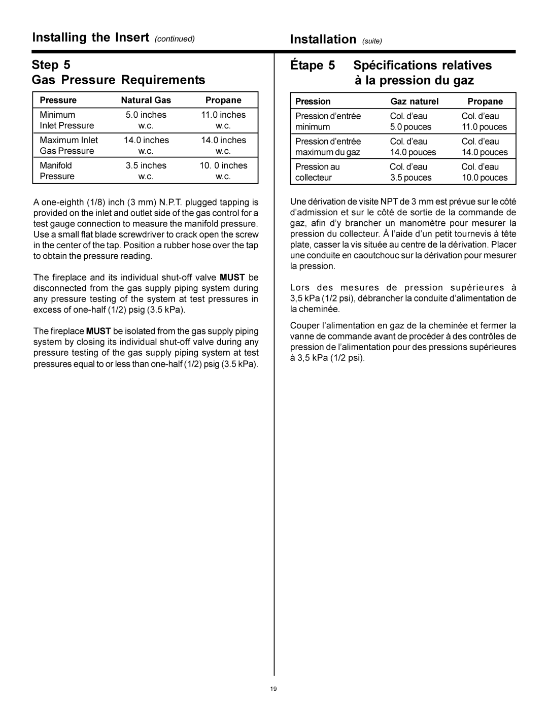 Heat & Glo LifeStyle AT-GRAND-D manual Step Gas Pressure Requirements, Étape Spécifications relatives La pression du gaz 