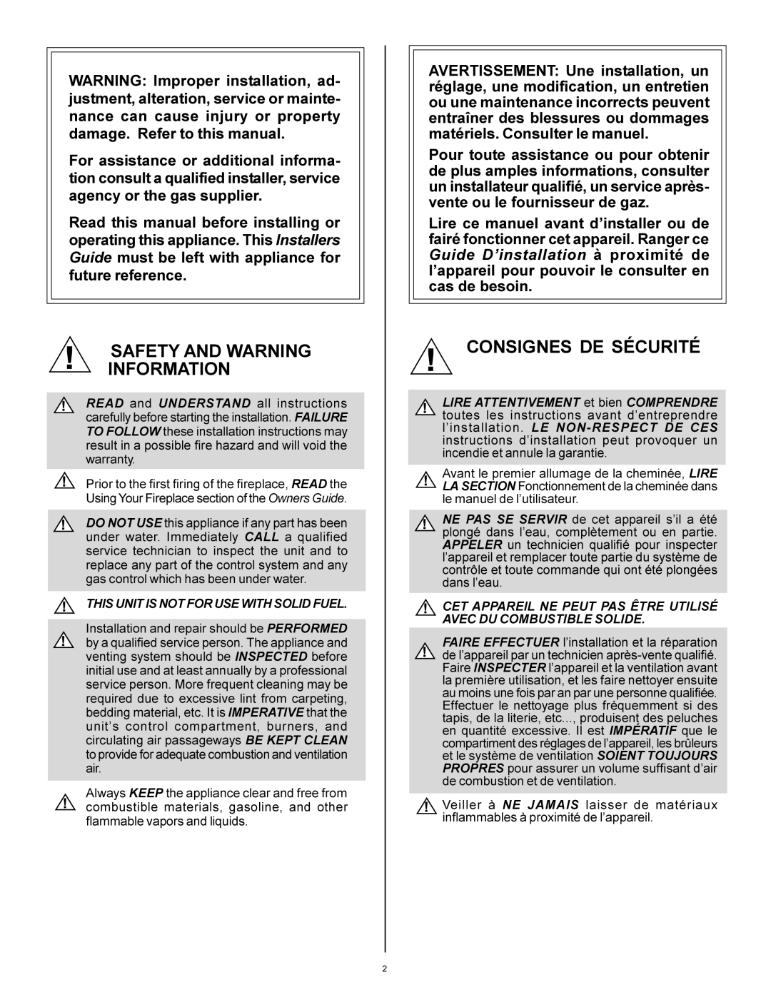 Heat & Glo LifeStyle AT-GRAND-D manual Safety and Warning Information 