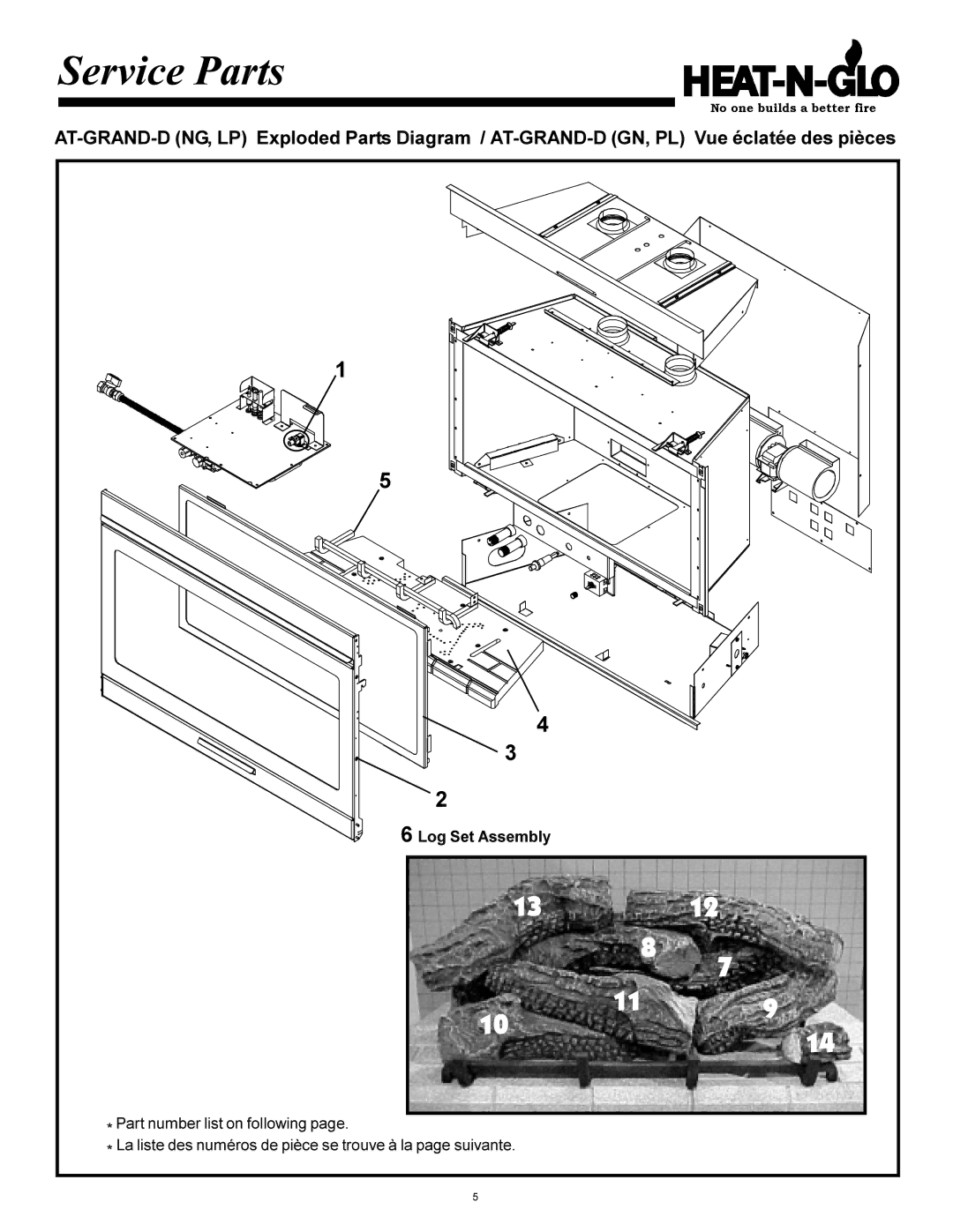 Heat & Glo LifeStyle AT-GRAND-D manual Service Parts, Log Set Assembly 