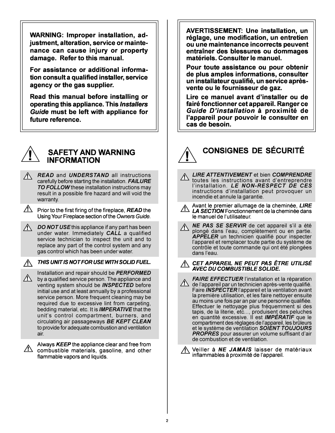 Heat & Glo LifeStyle AT-GRAND-D manual Safety And Warning Information, Consignes De Sécurité 