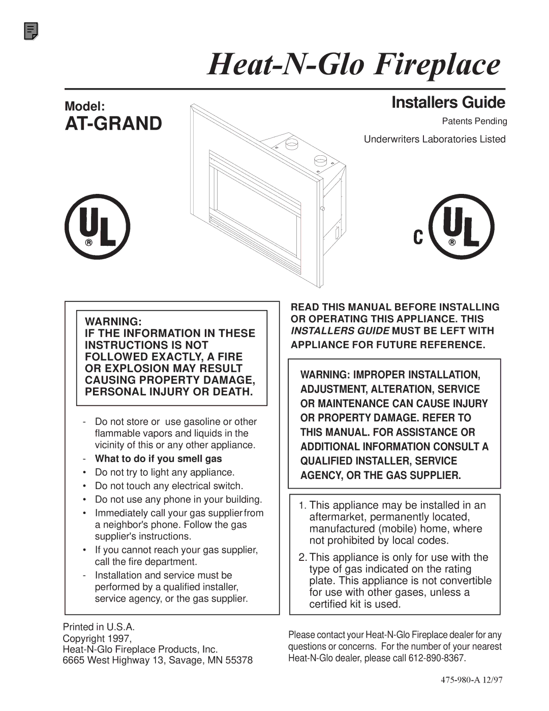 Heat & Glo LifeStyle AT-GRAND manual Heat-N-Glo Fireplace 