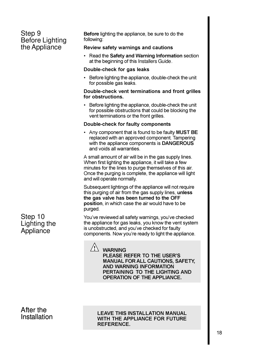 Heat & Glo LifeStyle AT-GRAND manual Step Before Lighting Appliance After Installation, Review safety warnings and cautions 