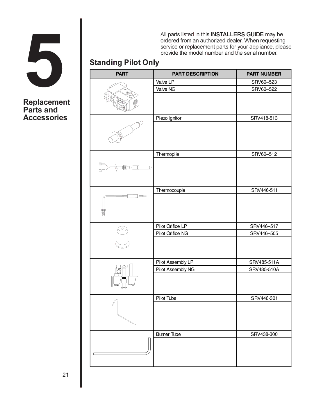 Heat & Glo LifeStyle AT-GRAND manual Standing Pilot Only, Replacement Parts Accessories 