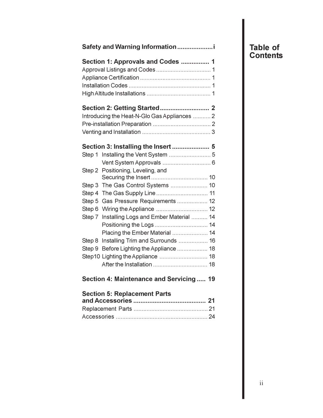 Heat & Glo LifeStyle AT-GRAND manual Table of Contents, Safety and Warning Information 