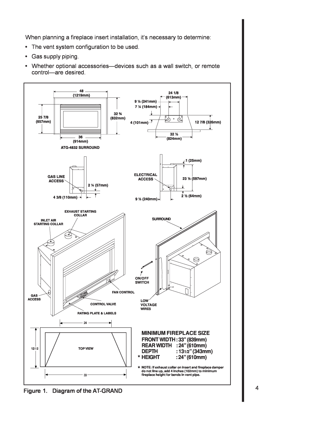 Heat & Glo LifeStyle manual Diagram of the AT-GRAND, Depth, 131/2” 343mm, Height, 24” 610mm, Gas supply piping, 13 1/2 