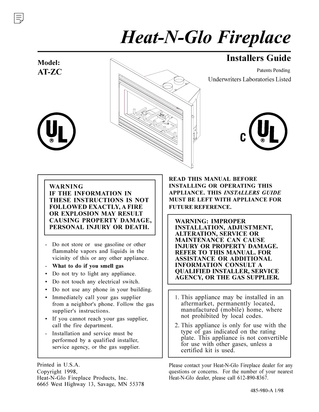 Heat & Glo LifeStyle AT-ZC manual Heat-N-Glo Fireplace, What to do if you smell gas 