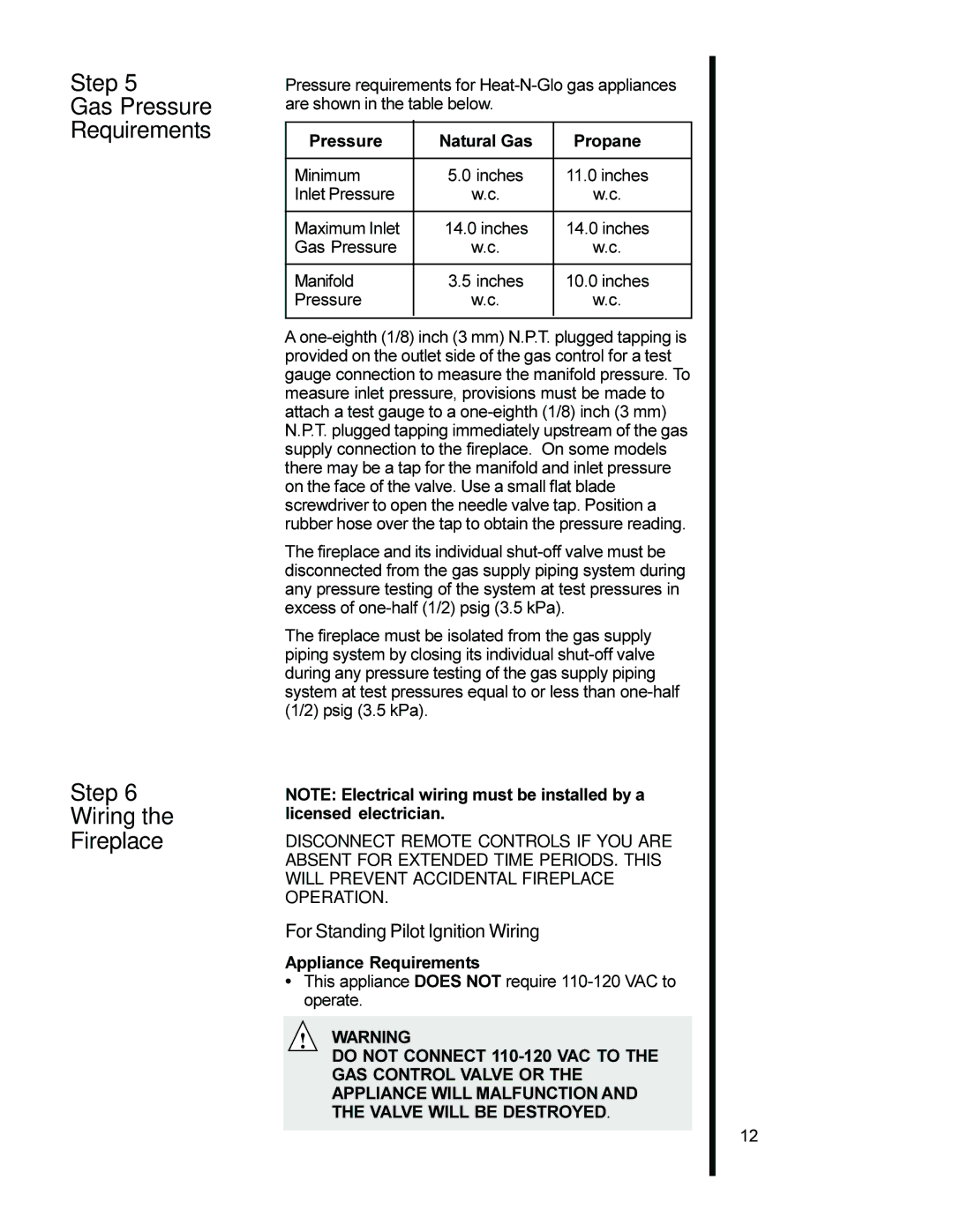 Heat & Glo LifeStyle AT-ZC manual Step Gas Pressure Requirements Wiring Fireplace, Pressure Natural Gas Propane 