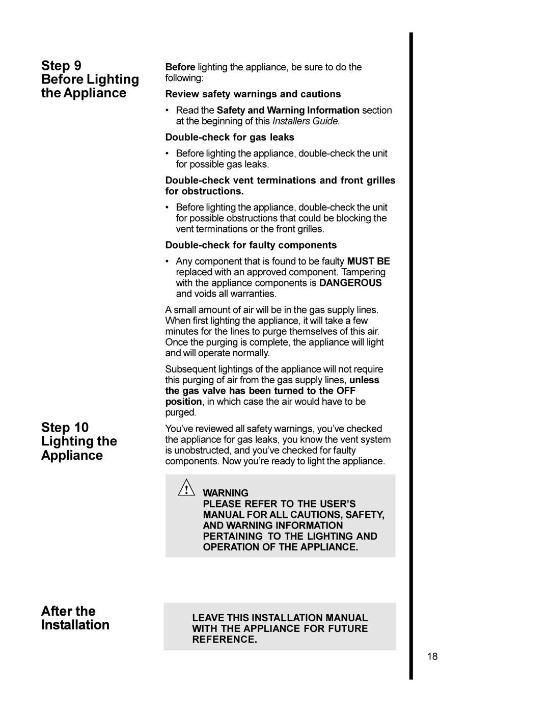 Heat & Glo LifeStyle AT-ZC manual Step Before Lighting Appliance After Installation, Review safety warnings and cautions 