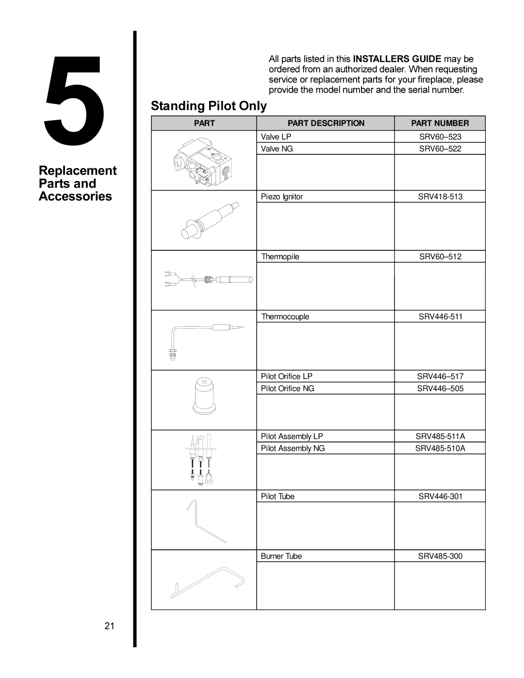 Heat & Glo LifeStyle AT-ZC manual Replacement Parts Accessories, Standing Pilot Only 