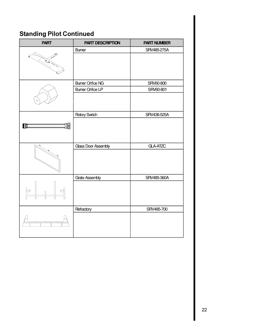 Heat & Glo LifeStyle AT-ZC manual Standing Pilot, Part Part Description 