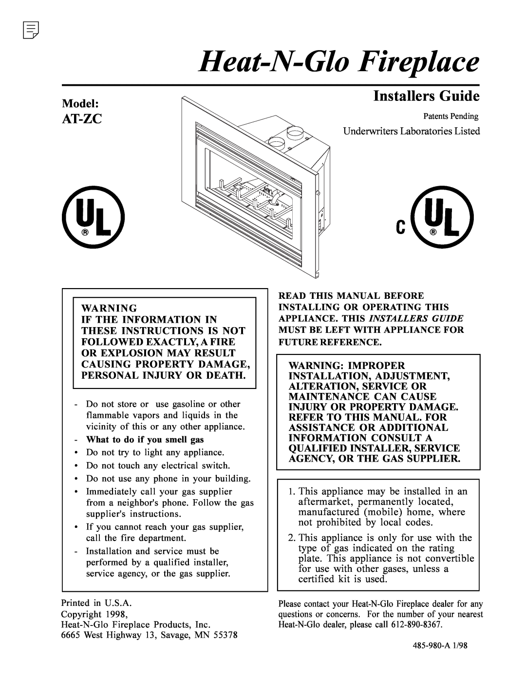 Heat & Glo LifeStyle AT-ZC manual Model, Heat-N-GloFireplace, Installers Guide, At-Zc 