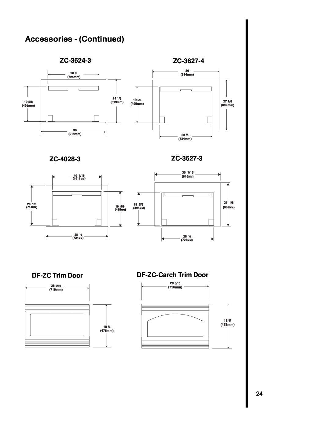 Heat & Glo LifeStyle AT-ZC manual Accessories - Continued, ZC-3624-3, ZC-3627-4, ZC-4028-3, ZC-3627-3, DF-ZCTrim Door 