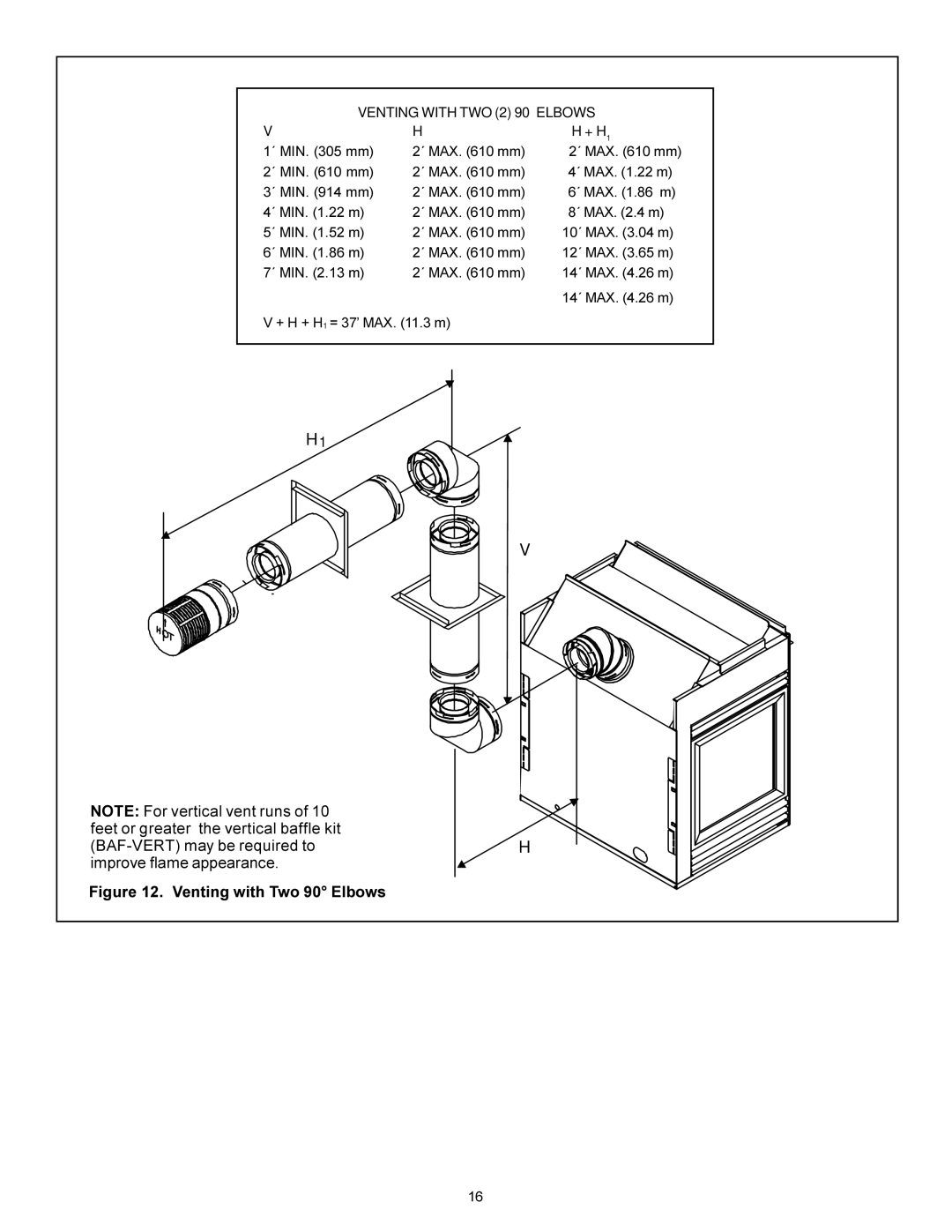 Heat & Glo LifeStyle BAY-38HV manual Venting with TWO 2 90 Elbows 