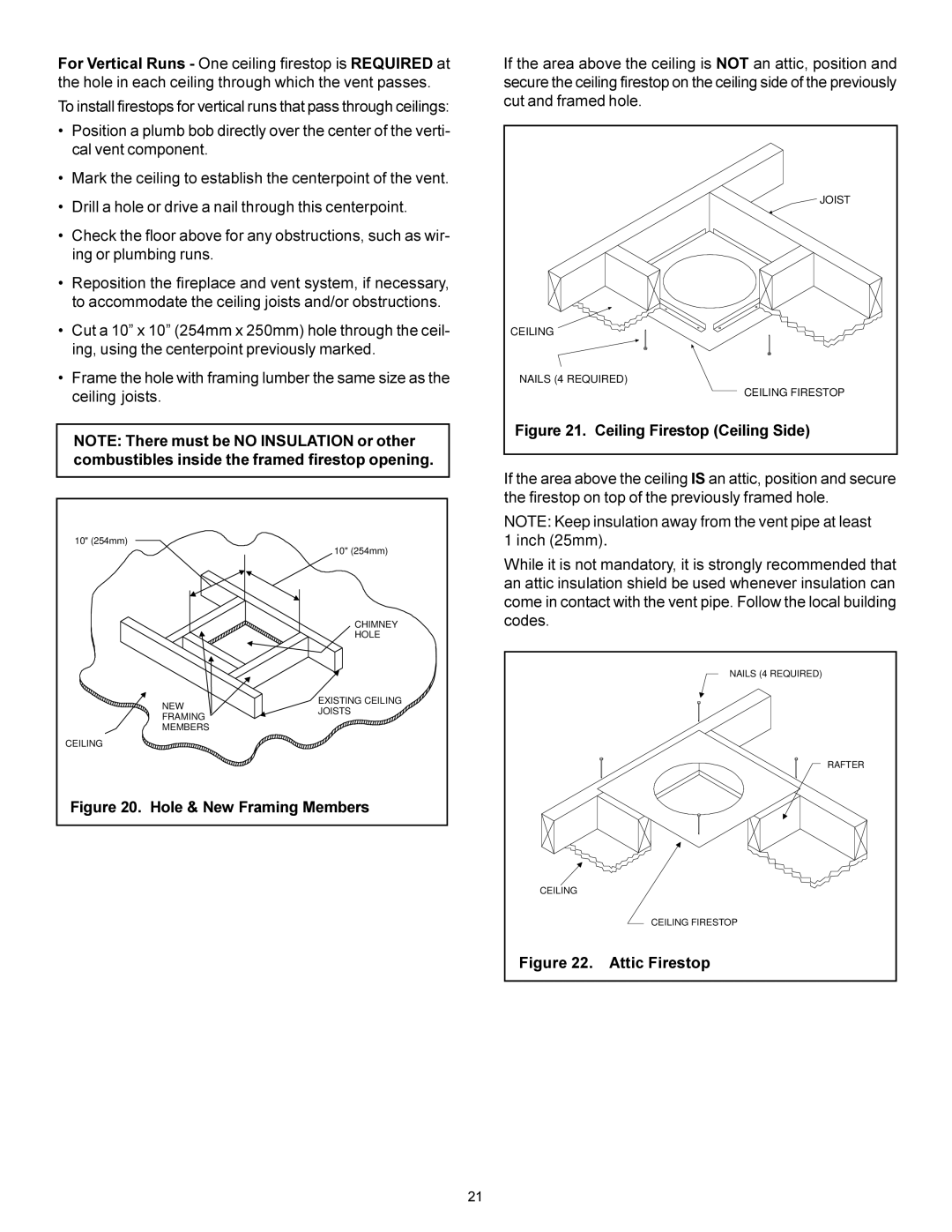 Heat & Glo LifeStyle BAY-38HV manual Hole & New Framing Members, Ceiling Firestop Ceiling Side 