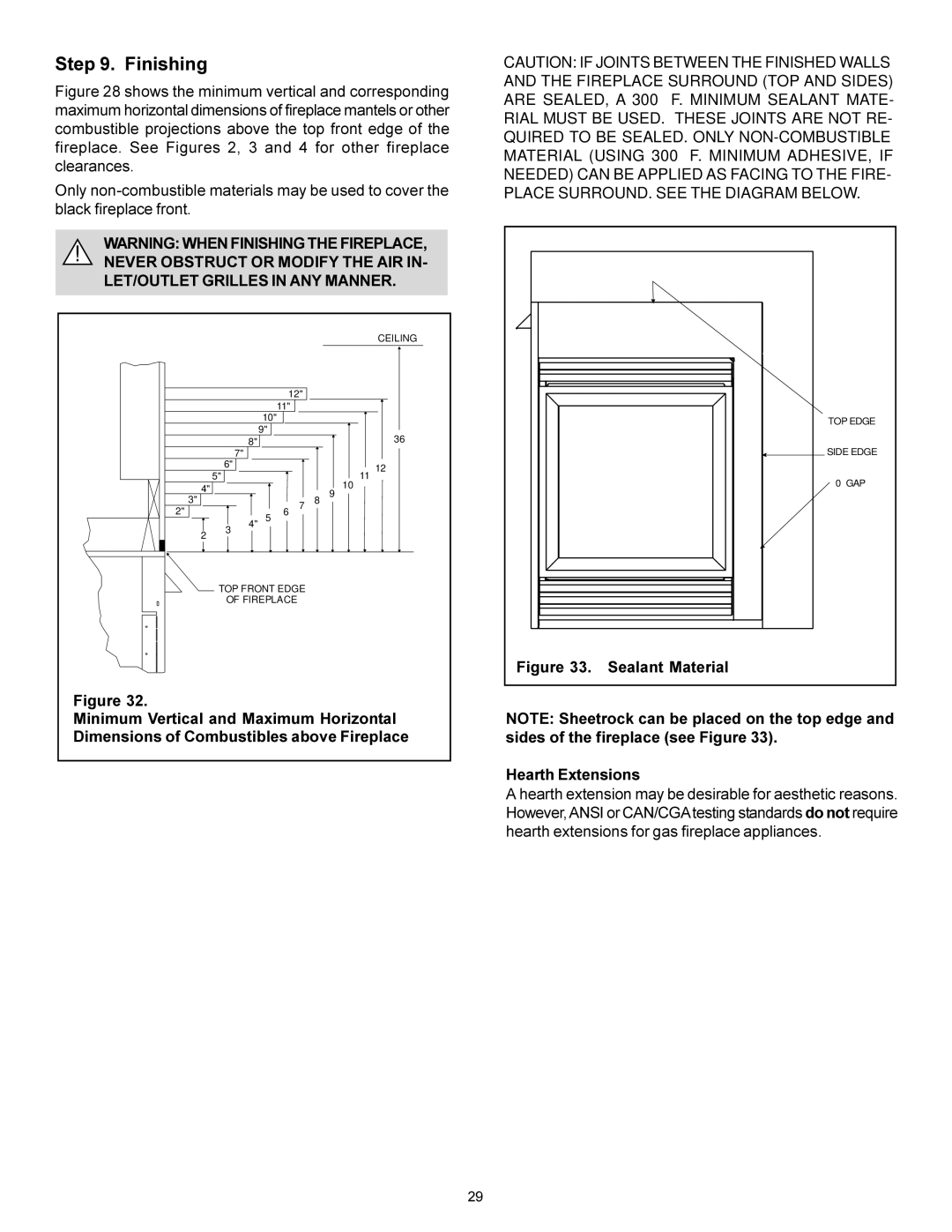 Heat & Glo LifeStyle BAY-38HV manual Finishing, Sealant Material, Hearth Extensions 