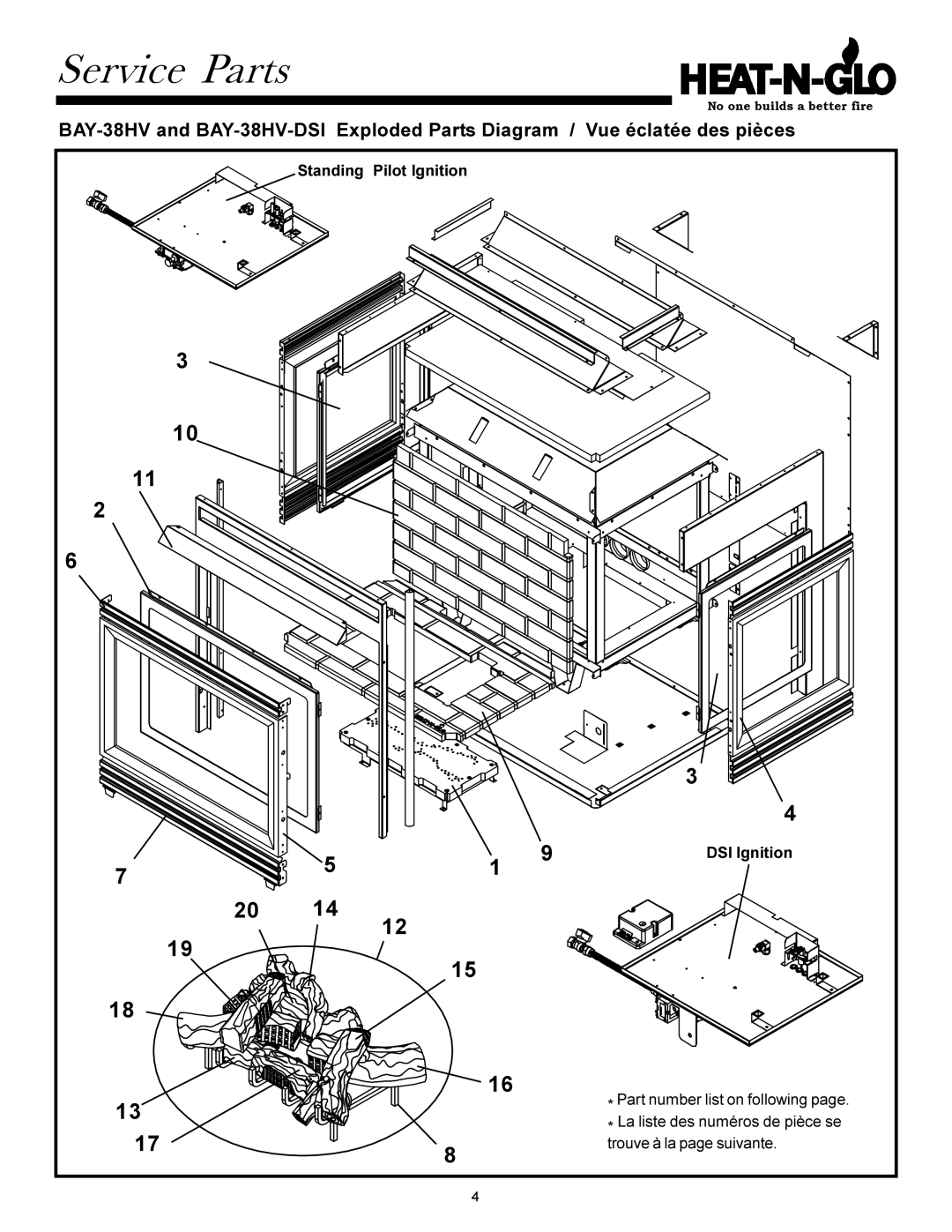Heat & Glo LifeStyle BAY-38HV manual Service Parts, Standing Pilot Ignition DSI Ignition 