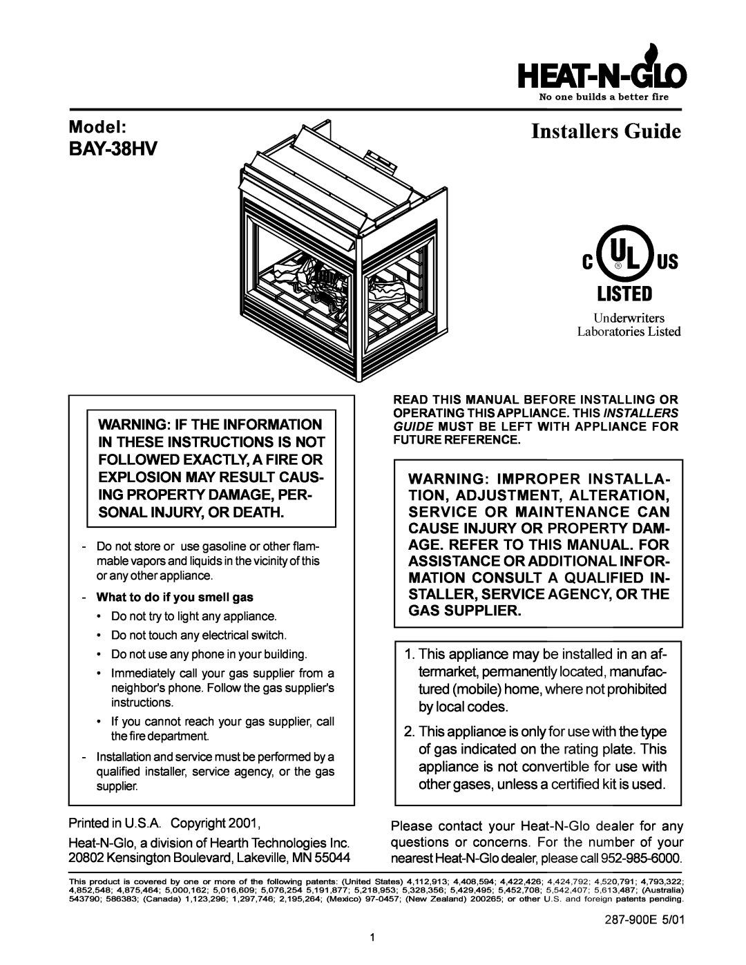 Heat & Glo LifeStyle BAY-38HV manual Model, Underwriters Laboratories Listed, Installers Guide 