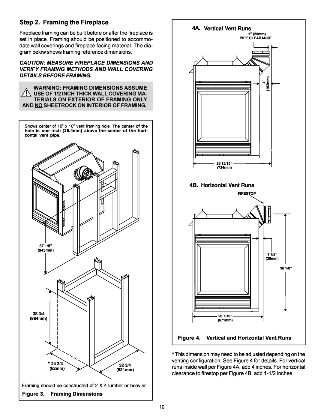 Heat & Glo LifeStyle BAY-38HV manual Framing the Fireplace, Warning Framing Dimensions Assume, Vertical Vent Runs 