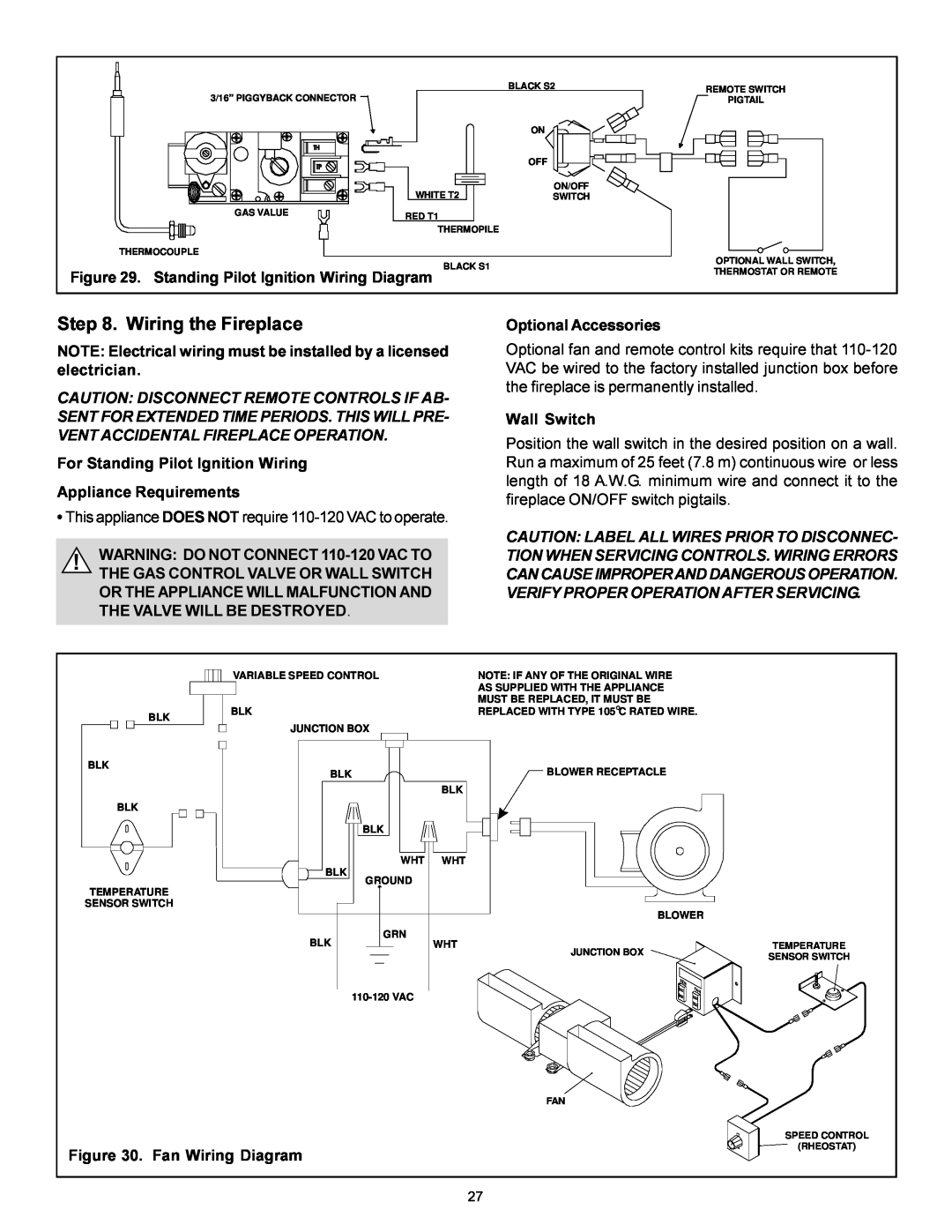 Heat & Glo LifeStyle BAY-38HV manual Wiring the Fireplace, Standing Pilot Ignition Wiring Diagram, Appliance Requirements 