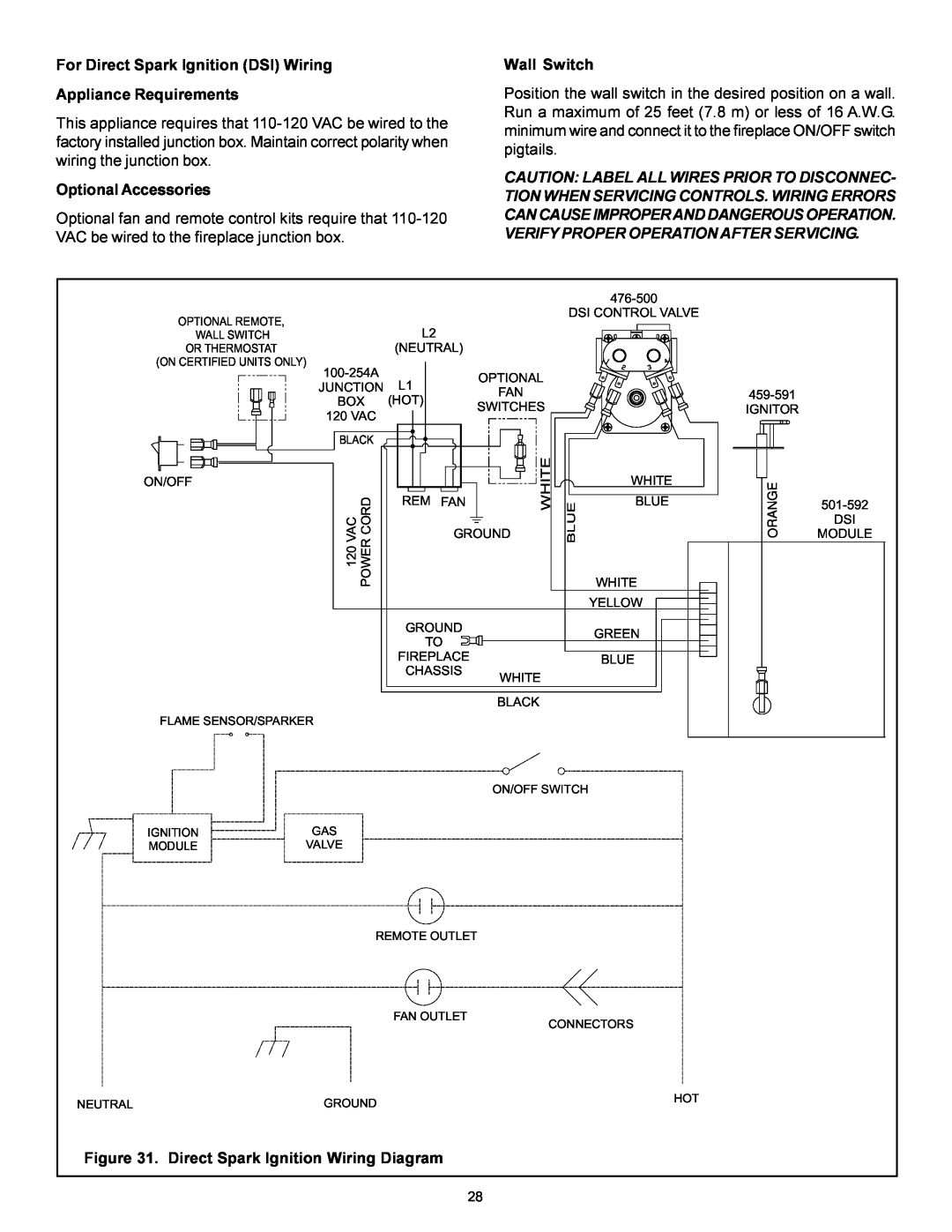 Heat & Glo LifeStyle BAY-38HV manual For Direct Spark Ignition DSI Wiring, Appliance Requirements, Optional Accessories 
