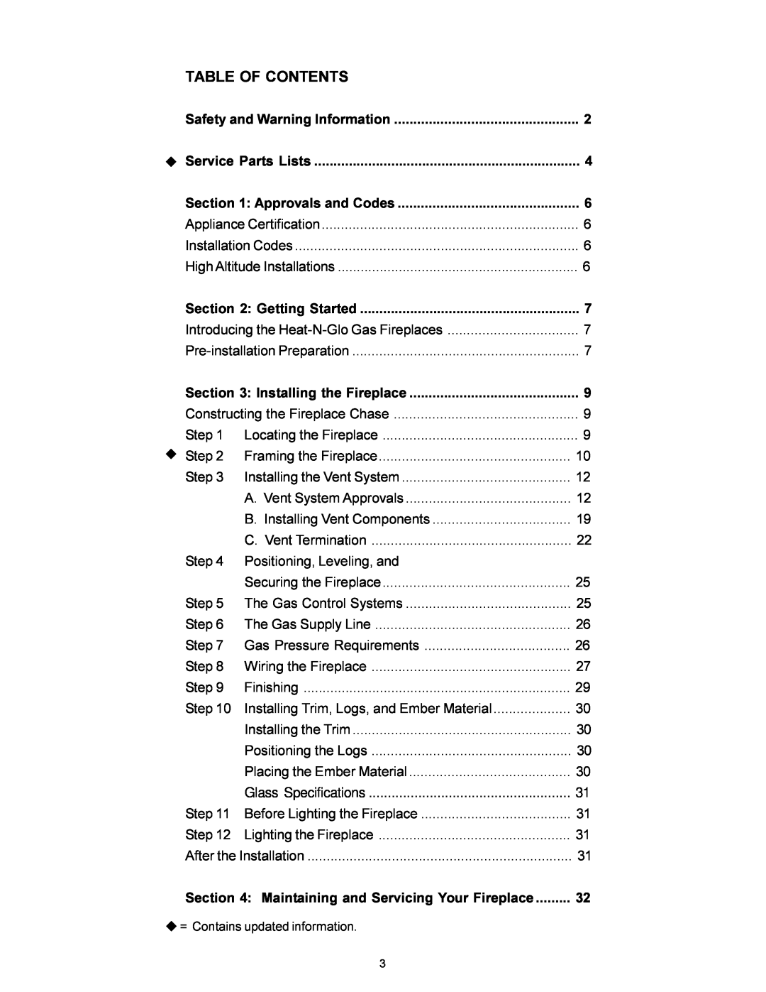 Heat & Glo LifeStyle BAY-38HV manual Table Of Contents 