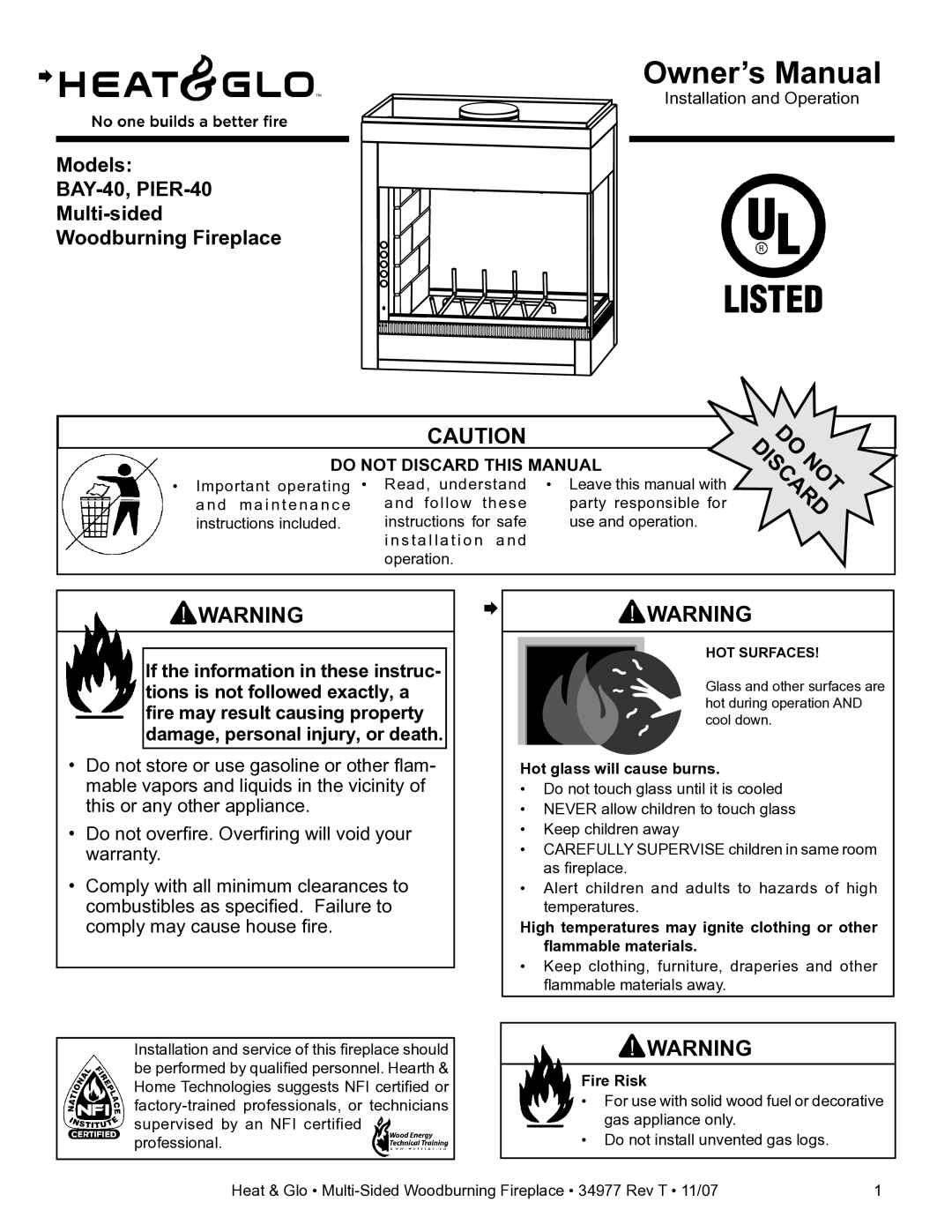 Heat & Glo LifeStyle BAY-40 owner manual Hot glass will cause burns, Fire Risk 