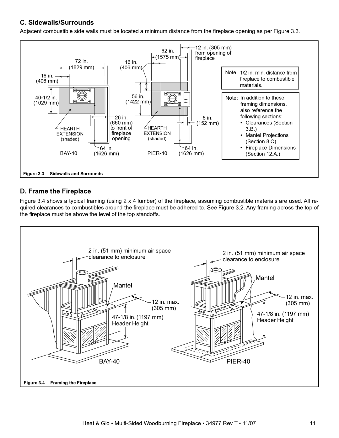 Heat & Glo LifeStyle BAY-40 owner manual Sidewalls/Surrounds, Frame the Fireplace 