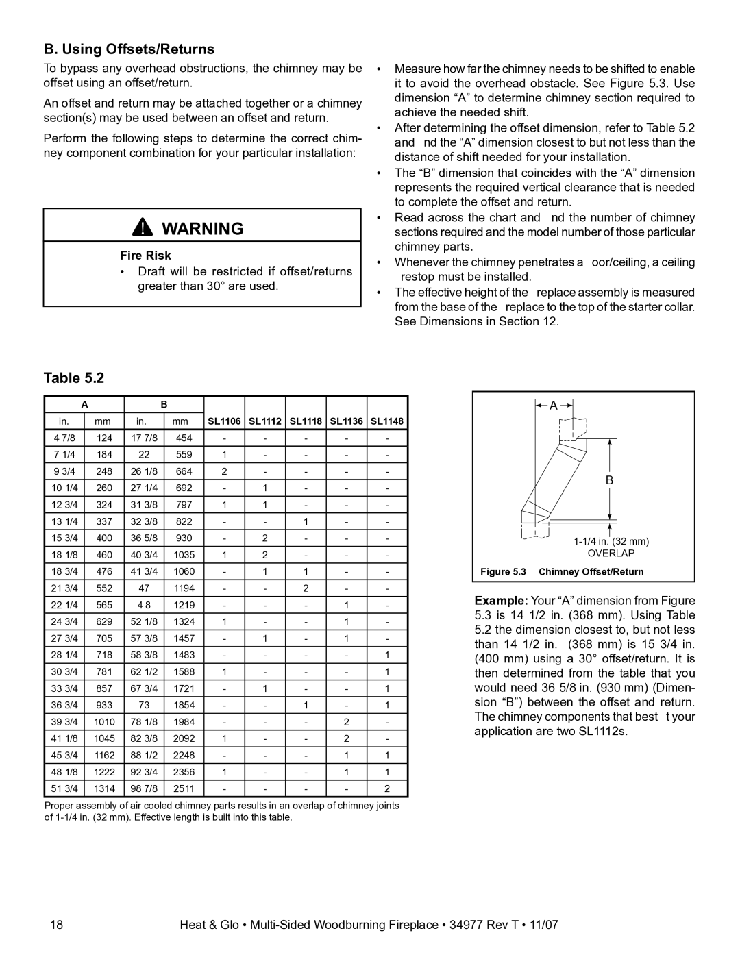 Heat & Glo LifeStyle BAY-40 owner manual Using Offsets/Returns, SL1106 SL1112 SL1118 SL1136 SL1148 