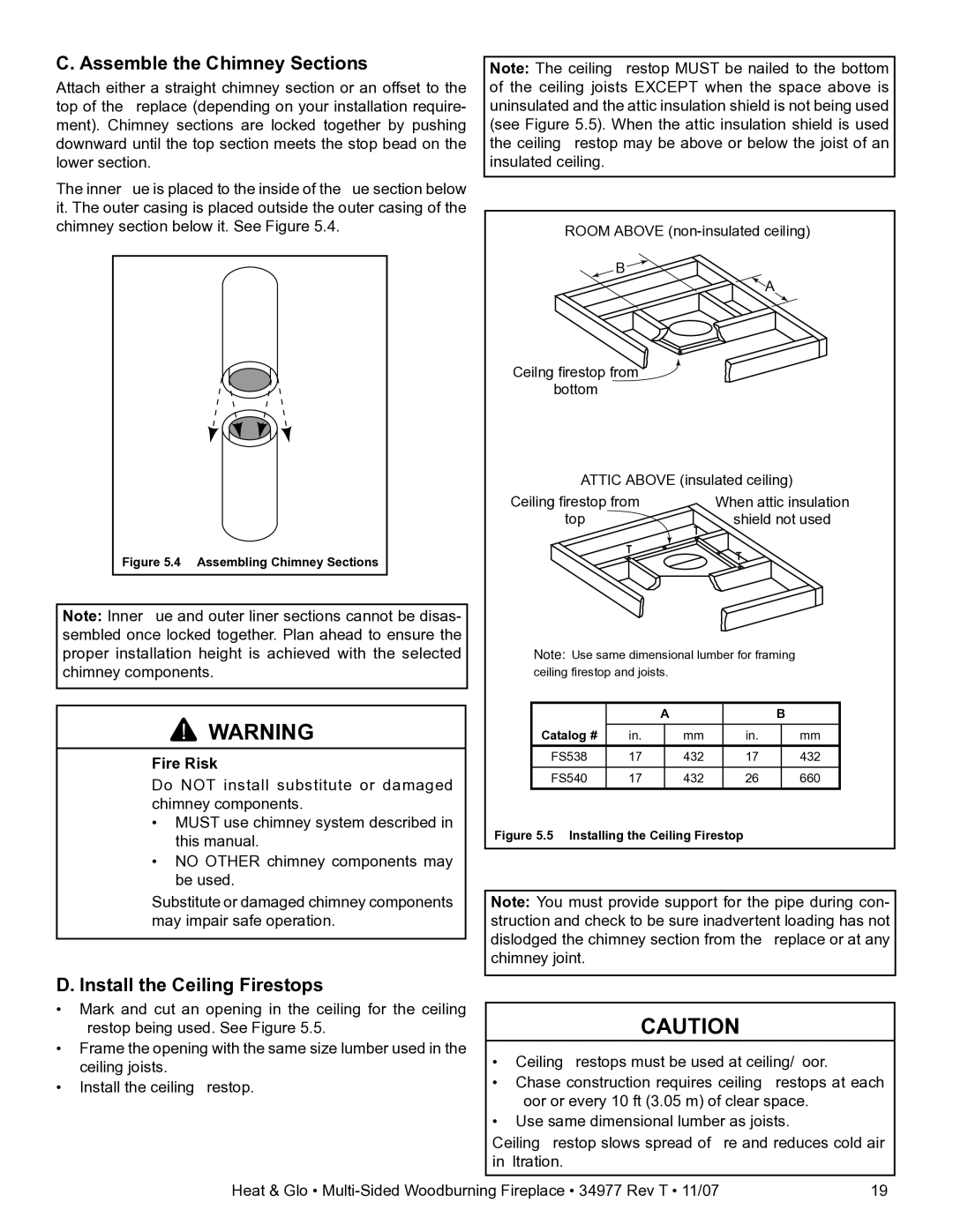 Heat & Glo LifeStyle BAY-40 owner manual Assemble the Chimney Sections, Install the Ceiling Firestops 