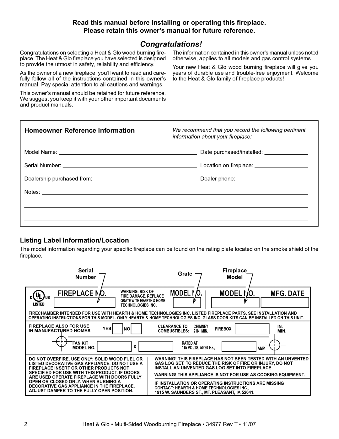 Heat & Glo LifeStyle BAY-40 owner manual Listing Label Information/Location, Grate, Number 