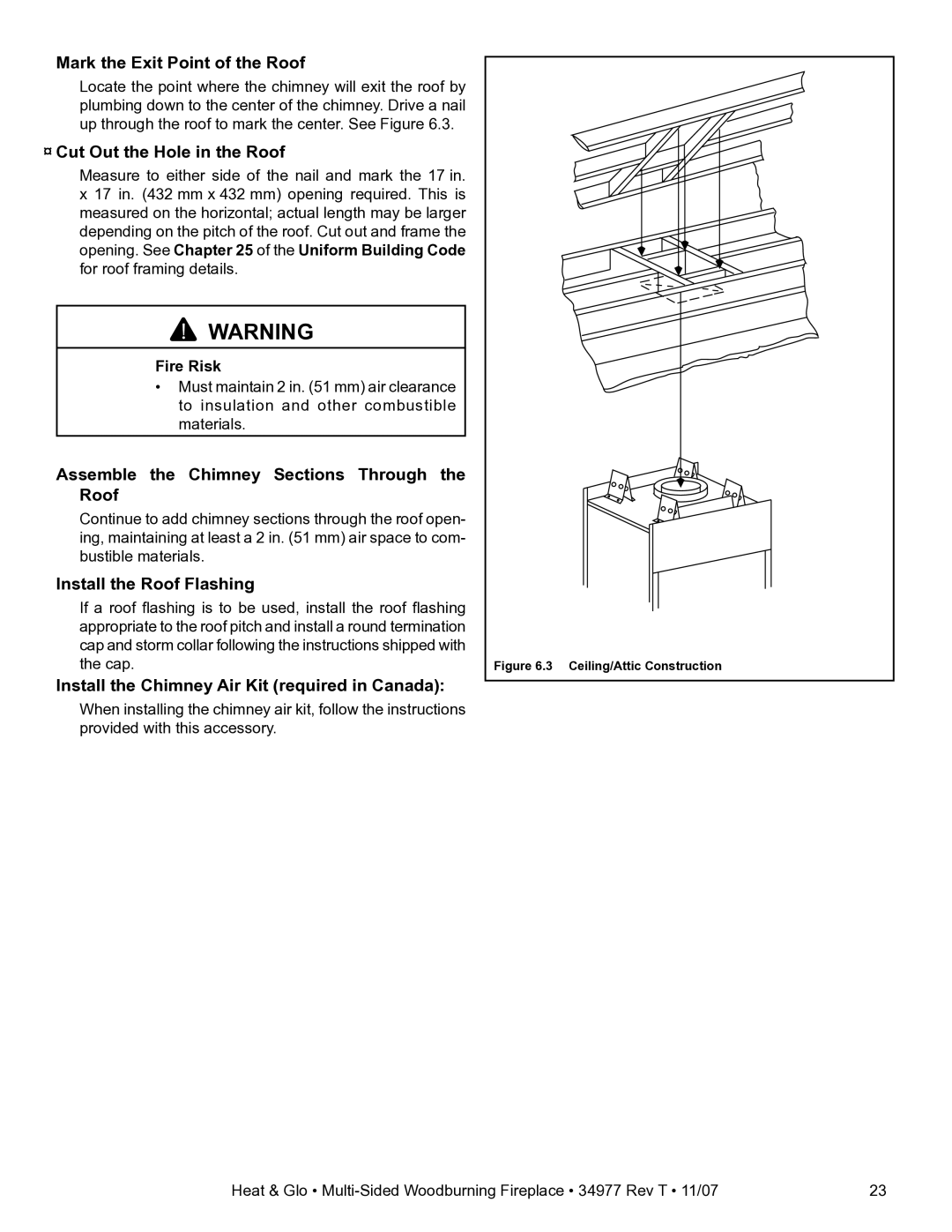 Heat & Glo LifeStyle BAY-40 Mark the Exit Point of the Roof, ¨ Cut Out the Hole in the Roof, Install the Roof Flashing 