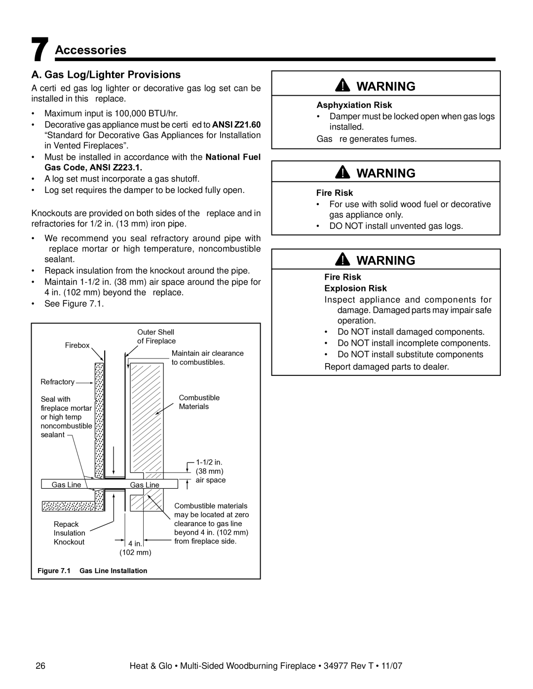 Heat & Glo LifeStyle BAY-40 owner manual Accessories, Gas Log/Lighter Provisions, Gas Code, Ansi Z223.1 