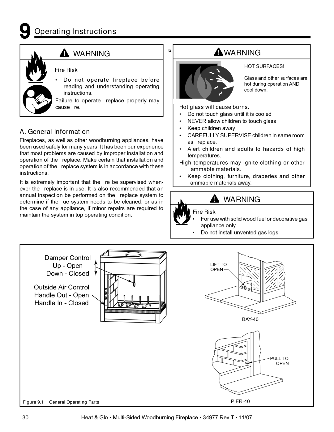 Heat & Glo LifeStyle BAY-40 owner manual Operating Instructions, General Information 