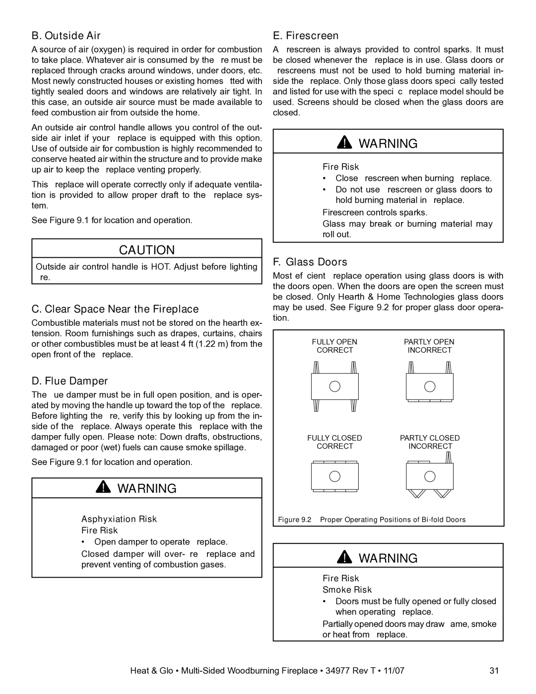 Heat & Glo LifeStyle BAY-40 owner manual Outside Air, Clear Space Near the Fireplace, Flue Damper, Firescreen 