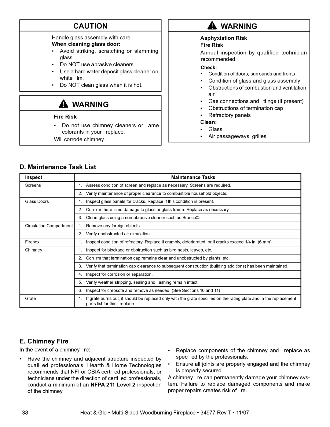 Heat & Glo LifeStyle BAY-40 owner manual Maintenance Task List, Chimney Fire, When cleaning glass door, Clean 