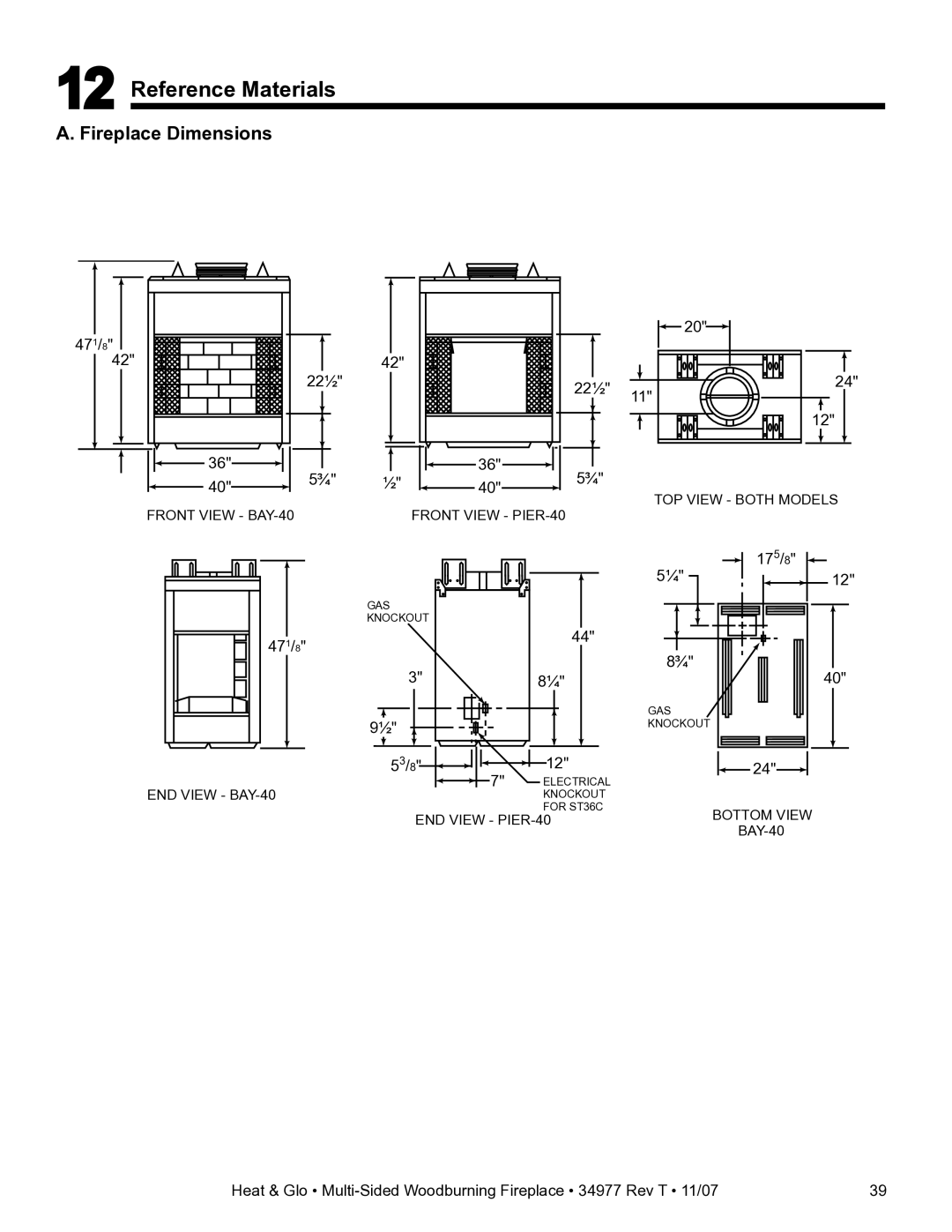 Heat & Glo LifeStyle BAY-40 owner manual Reference Materials, Fireplace Dimensions 