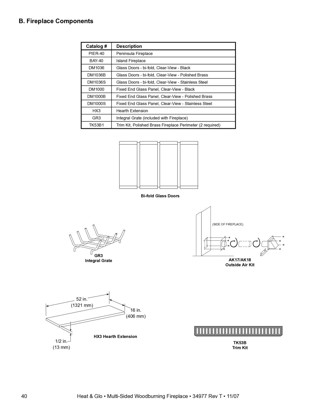 Heat & Glo LifeStyle BAY-40 owner manual Fireplace Components, Catalog # Description 