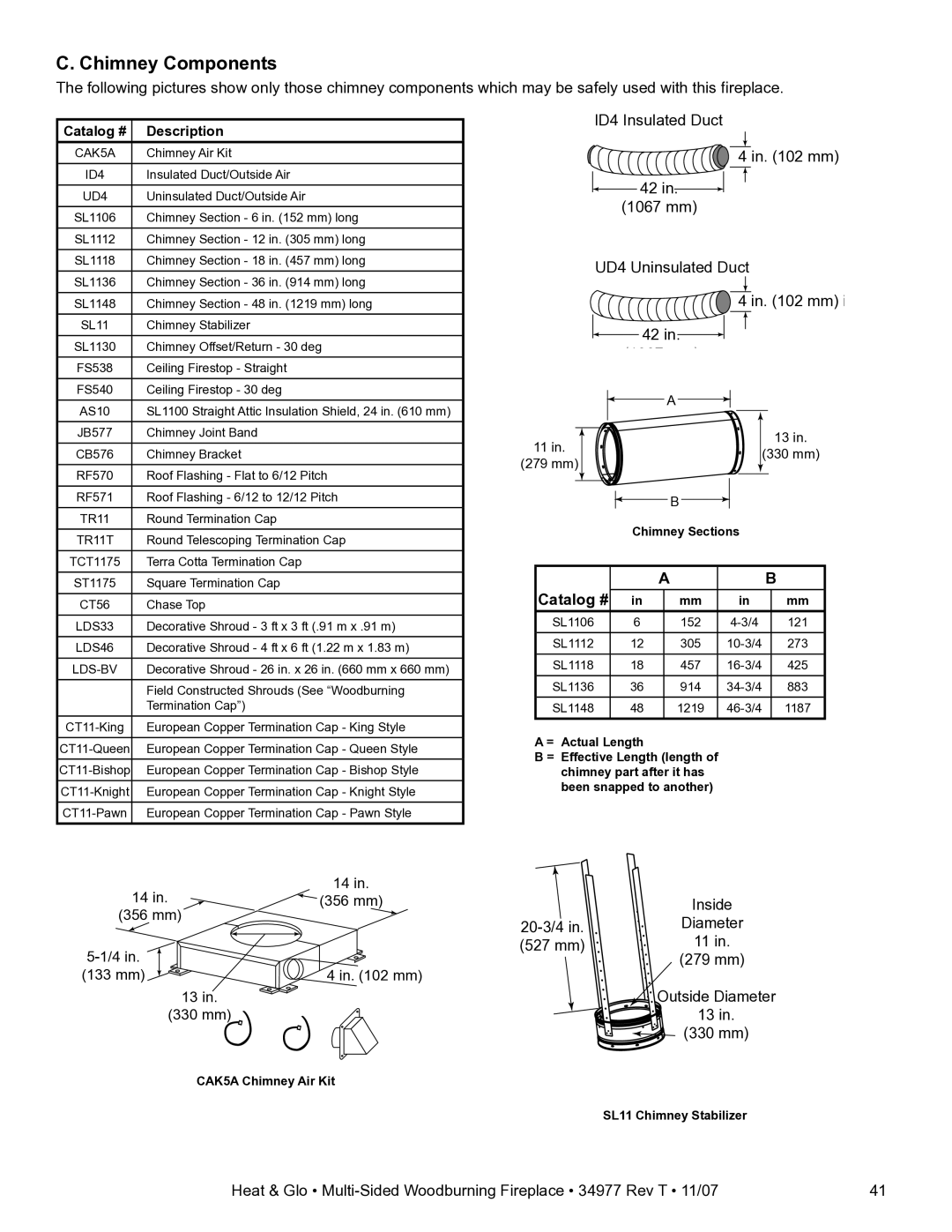 Heat & Glo LifeStyle BAY-40 owner manual Chimney Components, Catalog # 