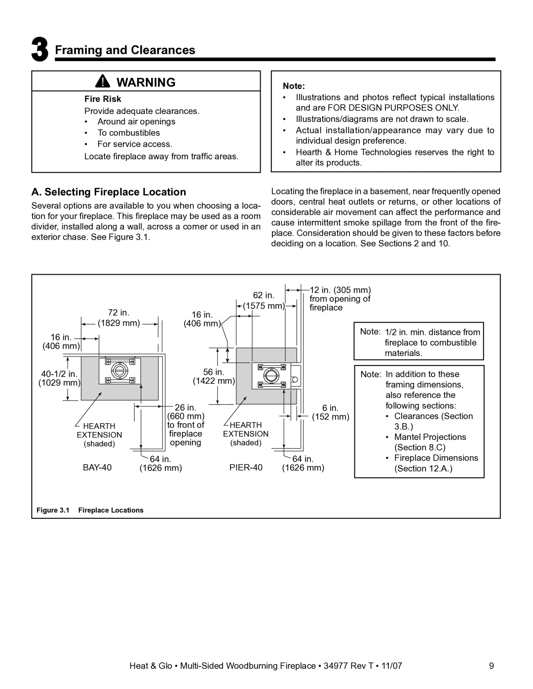 Heat & Glo LifeStyle BAY-40 owner manual Framing and Clearances, Selecting Fireplace Location 