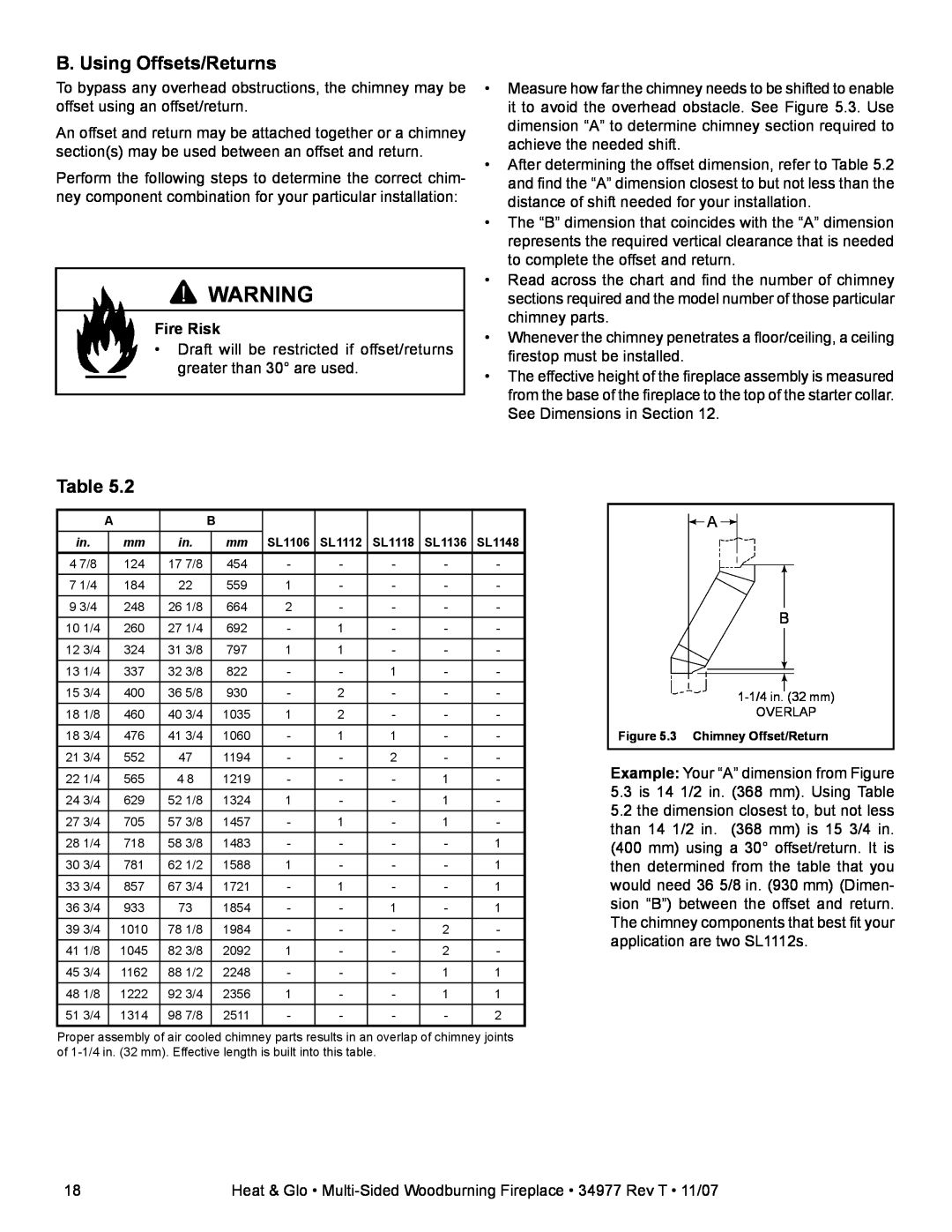 Heat & Glo LifeStyle BAY-40 owner manual B. Using Offsets/Returns, Fire Risk, SL1106, SL1112, SL1118, SL1136, SL1148 