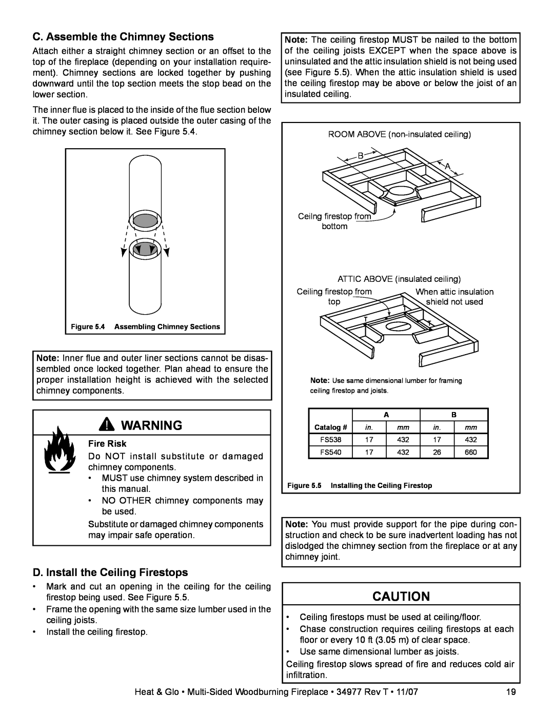 Heat & Glo LifeStyle BAY-40 owner manual C. Assemble the Chimney Sections, D. Install the Ceiling Firestops, Fire Risk 