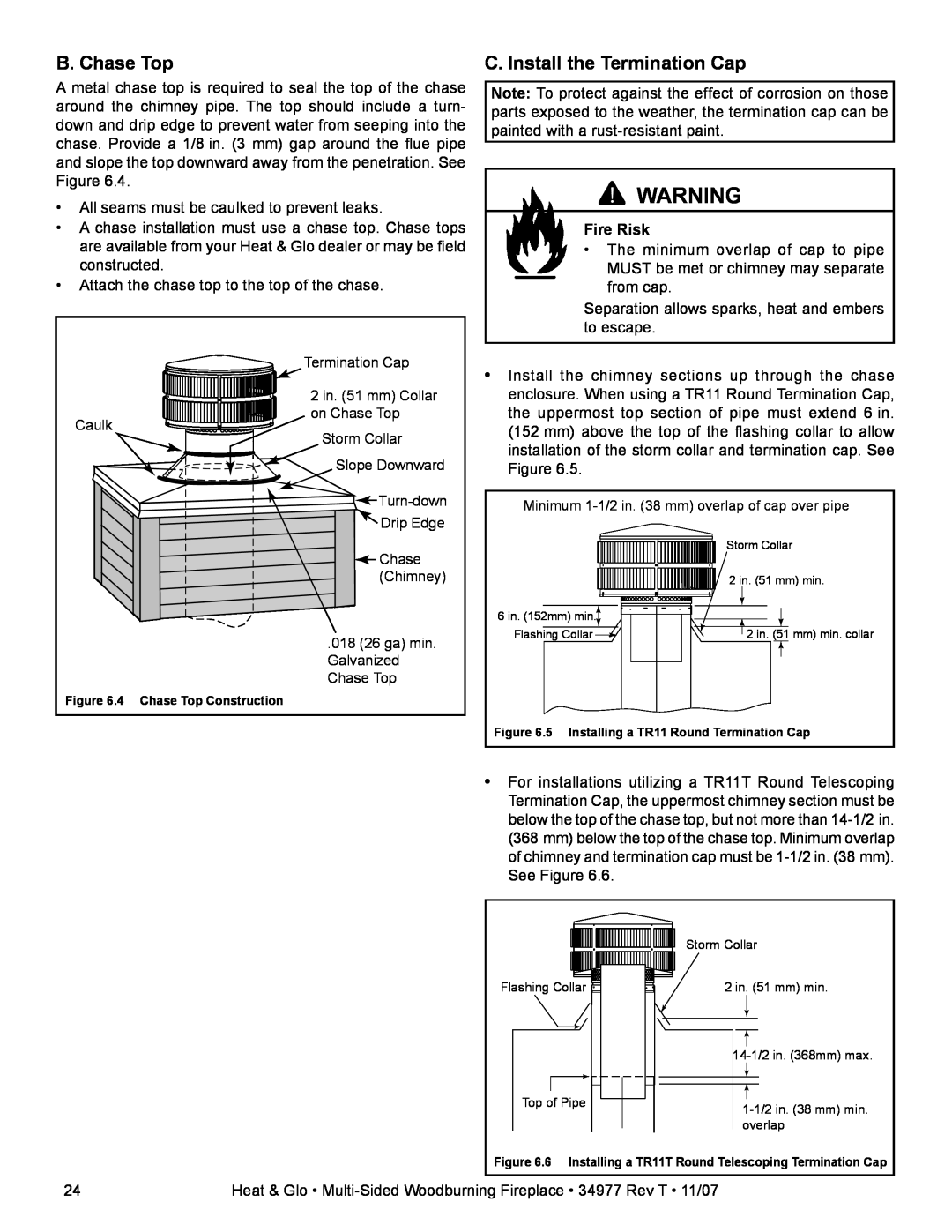 Heat & Glo LifeStyle BAY-40 owner manual B. Chase Top, C. Install the Termination Cap, Fire Risk, Caulk 