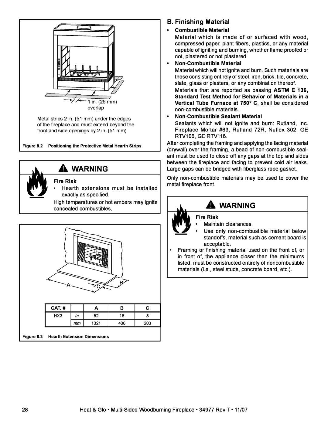 Heat & Glo LifeStyle BAY-40 owner manual B. Finishing Material, Fire Risk, Non-Combustible Material 