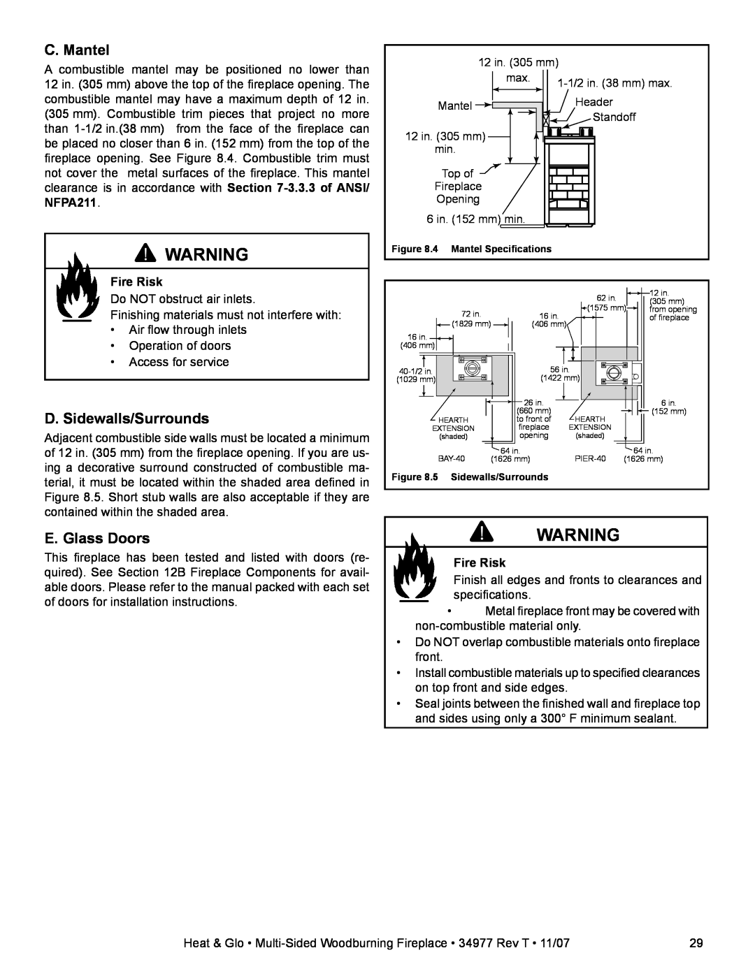 Heat & Glo LifeStyle BAY-40 owner manual C. Mantel, D. Sidewalls/Surrounds, E. Glass Doors, Fire Risk 
