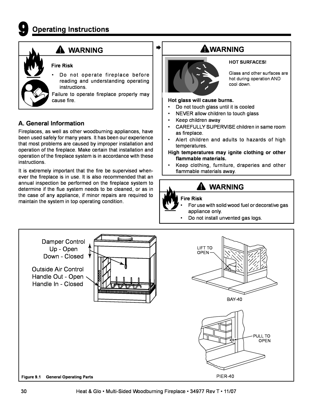 Heat & Glo LifeStyle BAY-40 Operating Instructions, A. General Information, Fire Risk, Hot glass will cause burns 