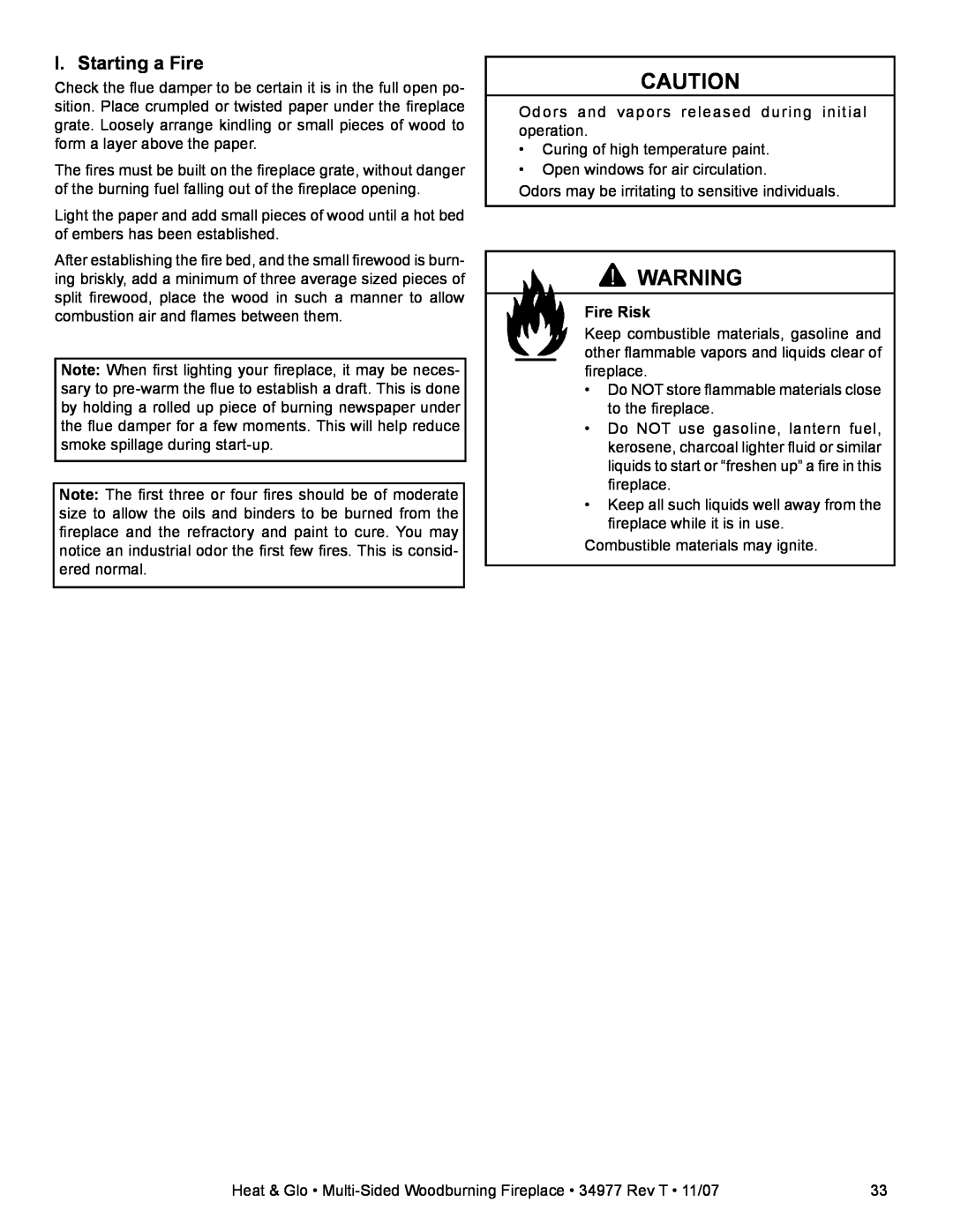 Heat & Glo LifeStyle BAY-40 owner manual I. Starting a Fire, Fire Risk 