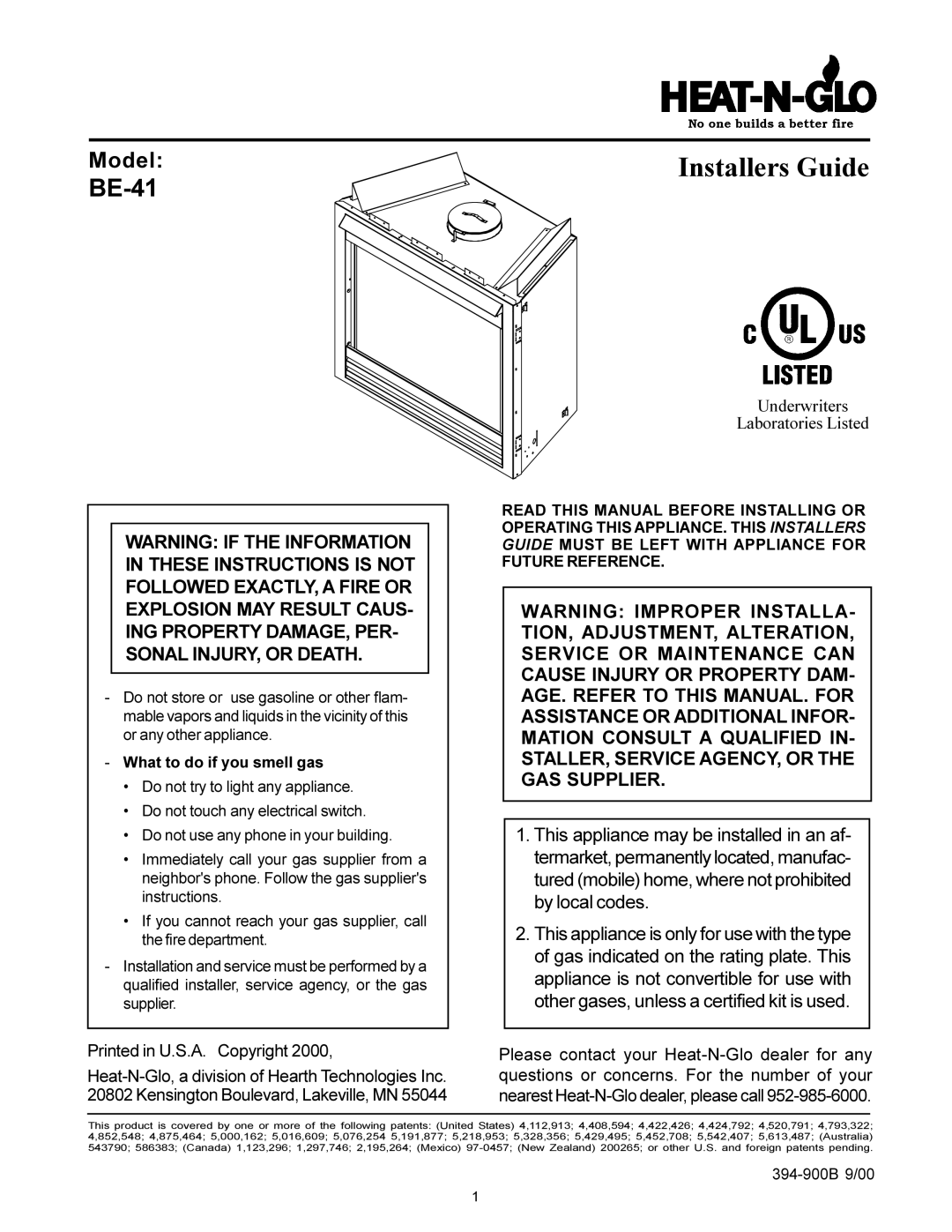 Heat & Glo LifeStyle BE-41 manual Installers Guide, What to do if you smell gas 