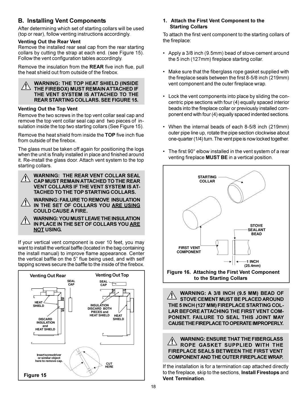 Heat & Glo LifeStyle BE-41 manual Installing Vent Components, Venting Out the Rear Vent, Venting Out the Top Vent 